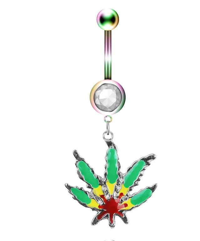 1PC Green Maple Leaf Belly Navel Ring Leaves Weed Dangle Belly Button Piercing Jewelry Surgical Steel Barbell Botton Piercing