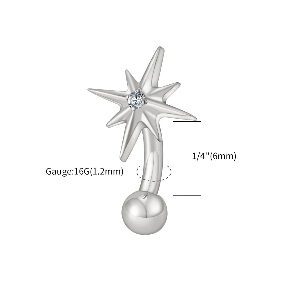 Right Grand ASTM F136 Titanium 16G CZ North Star Rook Earring 6mm 8mm Curved Barbell Eyebrow Cartilage Tragus Labret Piercing