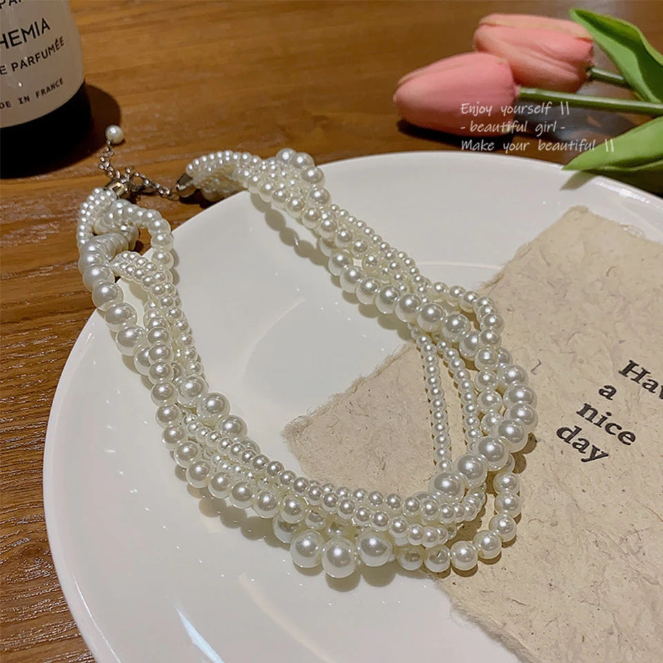Yupsk Luxury Twining Pearl Choker Necklaces for Women Geometric Necklaces Weddings Bride Jewelry Accessories