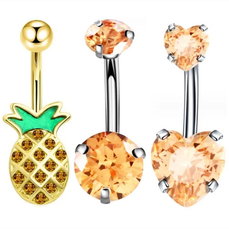 3PCS Heart Crystal Belly Button Piercing Jewelry Set Red Cz Navel Piercing Bulk Flower Belly Rings Pack Piercing Ombligo Lote