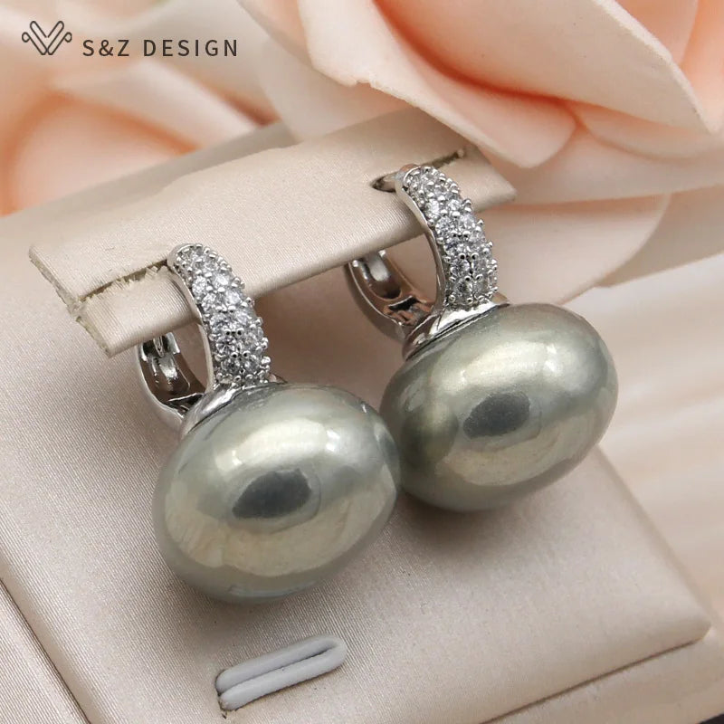 S&Z DESIGN New Fashion Bread Round Big Pearl Dangle Earrings For Women Wedding Jewelry Gift Temperament Cubic Zirconia Eardrop