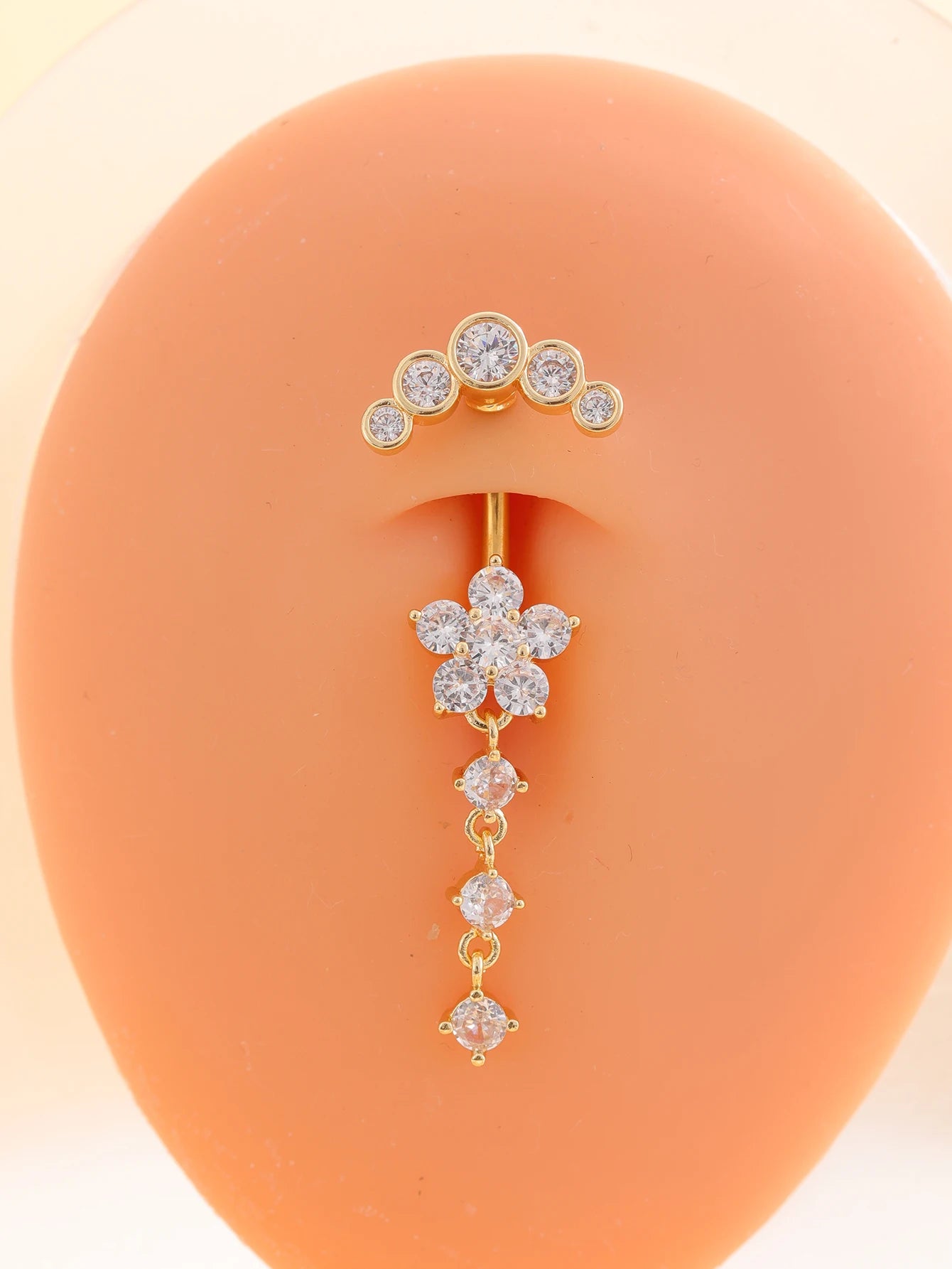 Gold Color Stainless Steel Belly Button Ring Long Dangled Flower CZ Crystal Navel Belly Piercing Rings for Women Sexy Jewelry