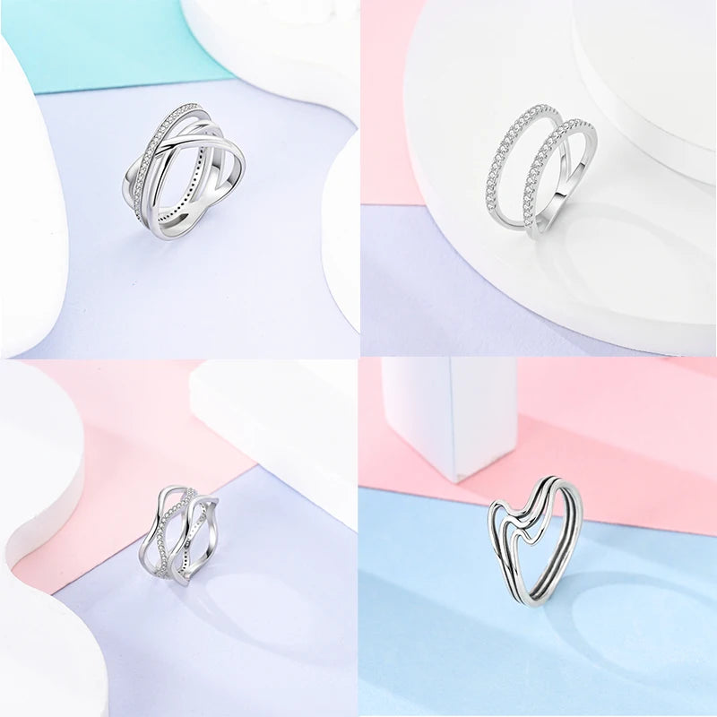 Women's 925 Sterling Silver Geometric Overlapping Zircon Classic Design Rings Anniversary Birthday Engagement Fine Jewelry