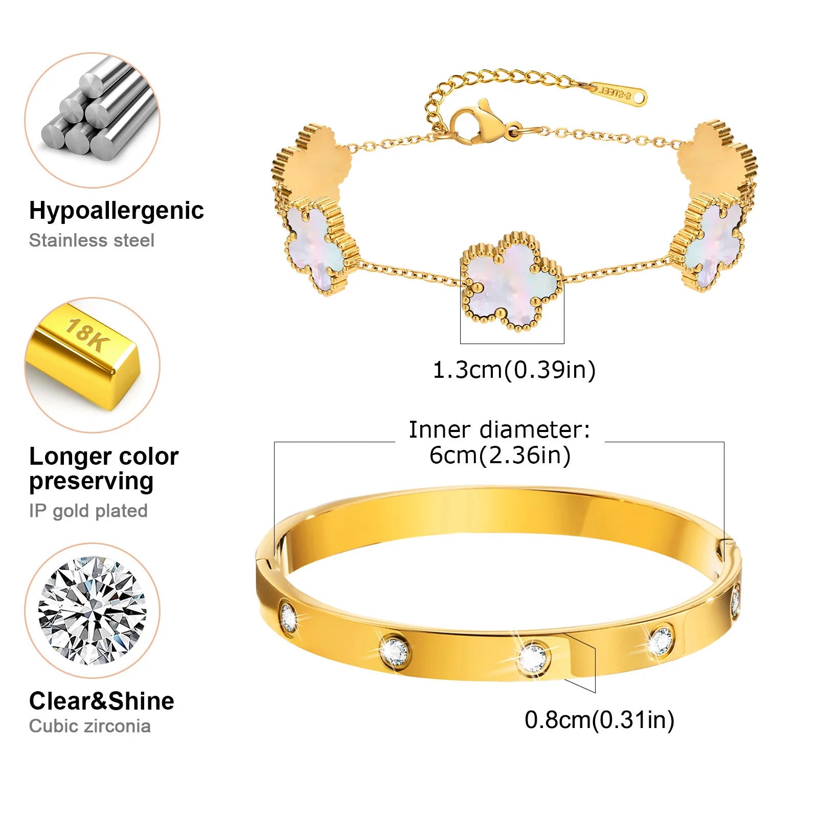 Vnox Exquisite 13mm Clover Bracelet Set for Women, Love Gift Bracelets for Wife Mothers Day Jewelry, Stainless Steel Cuff Bangle