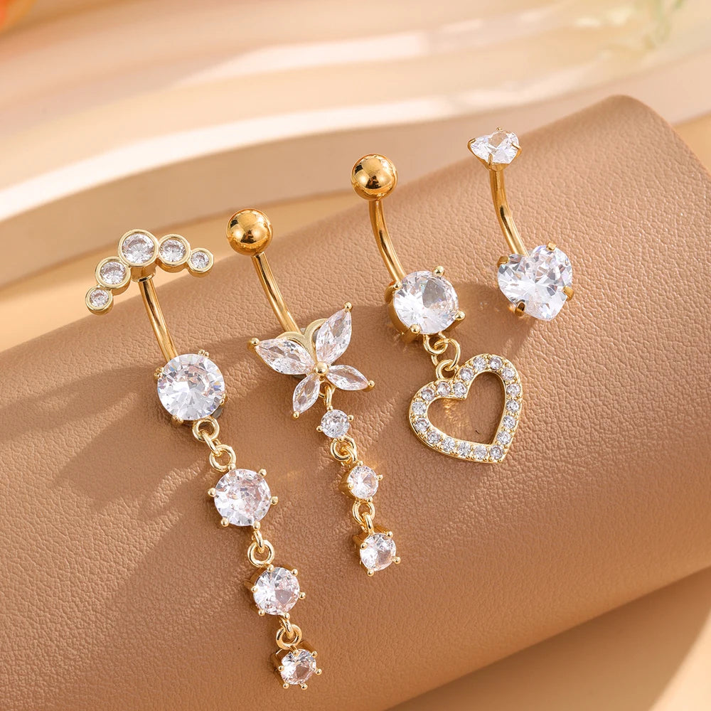 3-5pcs/Lot Belly Button Ring Sets Heart Butterfly Flower Dangled Belly Piercing Nombril 14G Curved Navel Rings Jewelry for Women