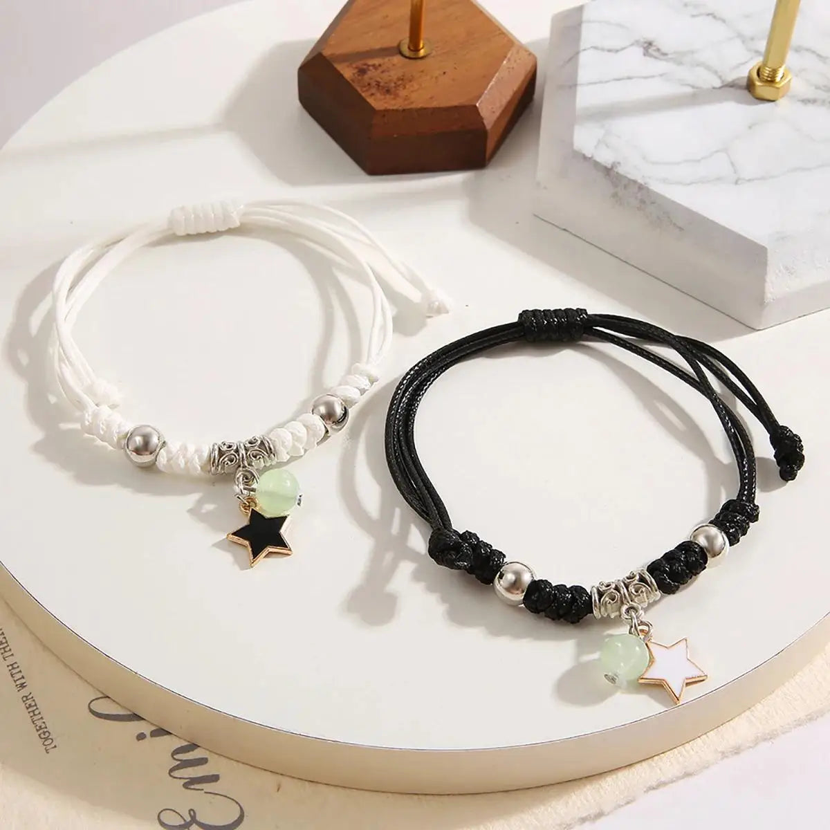 2PC Fashion Luminous Beads Star Couple Bracelet for Women Men Charm Cat Flower Heart Moon Love Matching Friend Bracelet Jewelry