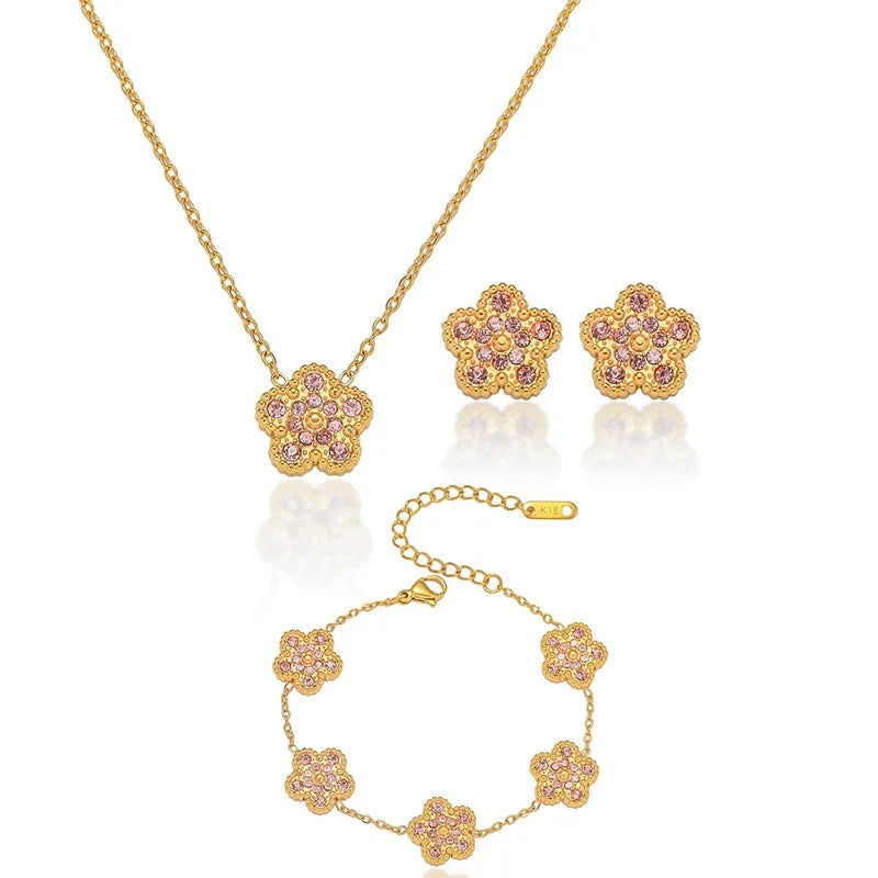 EILIECK New Fashion Stainless Steel White Zircon Clover Necklace Bracelet Earrings Set For Women Trendy Flower Jewelry Set Gift