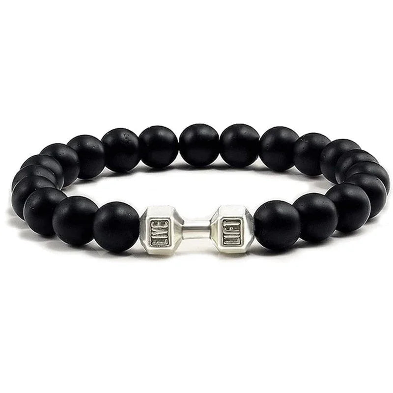 Hot Selling Vintage Men's Bangle Natural Stone Bead Dumbbell Pendant Elastic Strand Bracelet for Friend's Gift