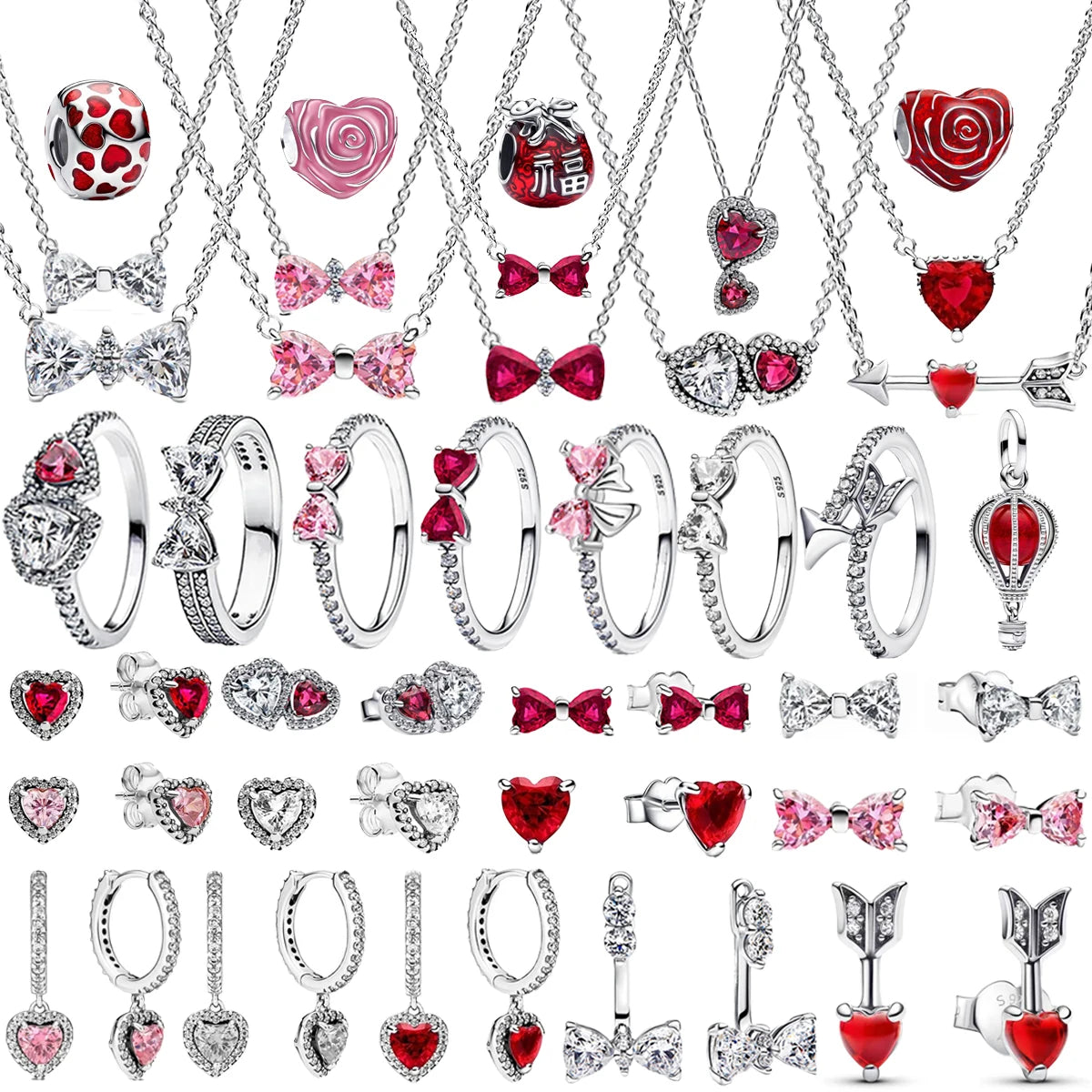 New Original 925 Sterling Silver Crown Bow Heart Set Ring Necklace Earring Crystal Women Valentine's Birthday Gift DIY Jewellery