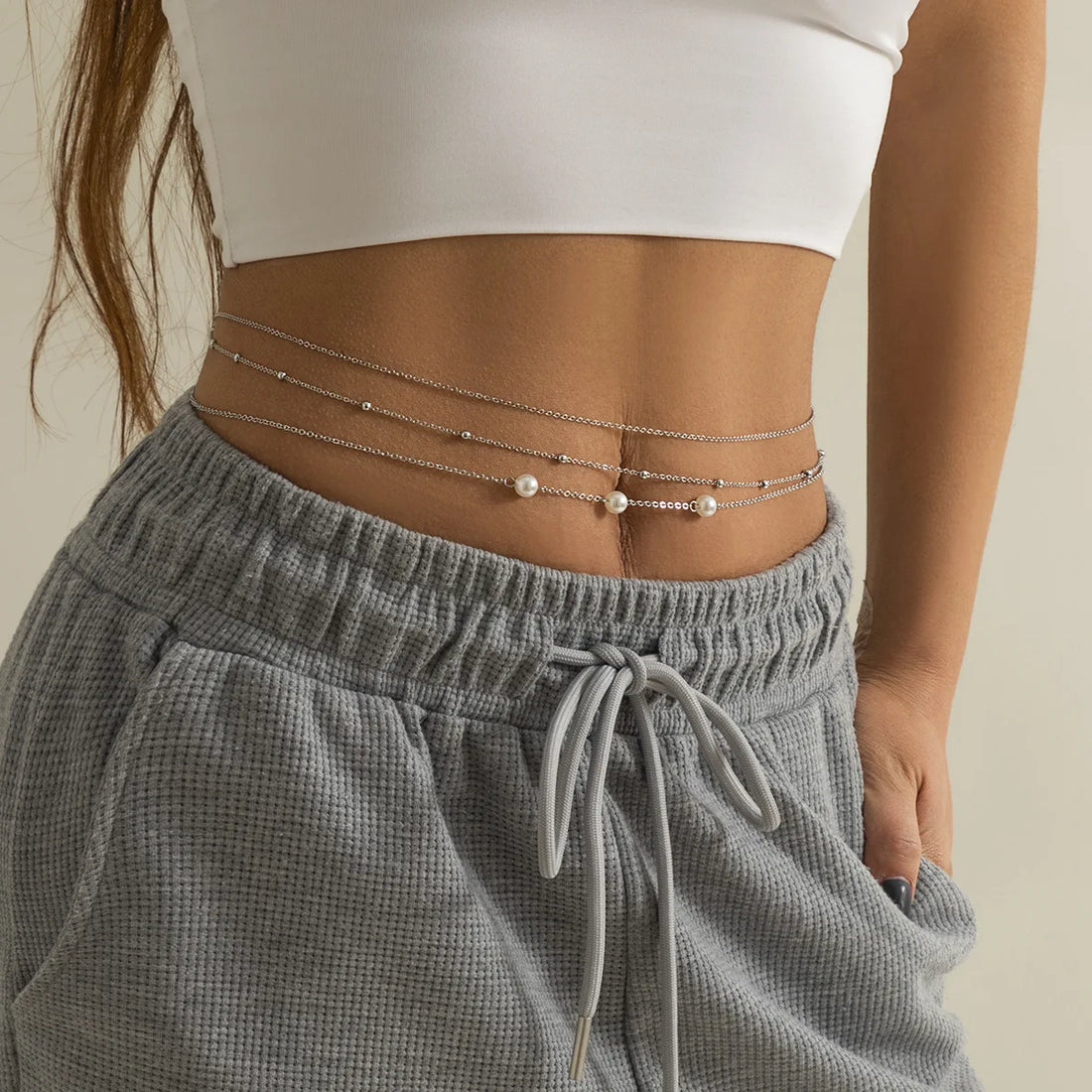 Sexy and Minimalist Imitation Pearl Chain Metal Waist Chain Mixed and Stacked Fashion Girl Beaded Woven Body Chain Belly Chain