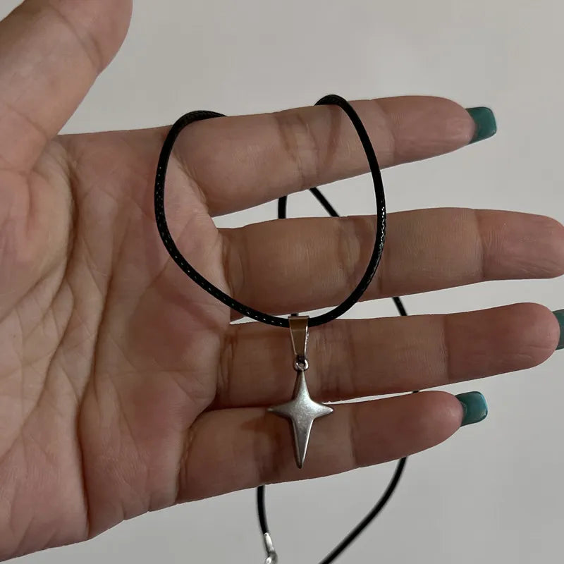 New Korean Fashion Hollow Titanium Steel Star Pentagram Pendant Necklace for Women Men Black Rope Chain Choker Y2k Party Jewelry