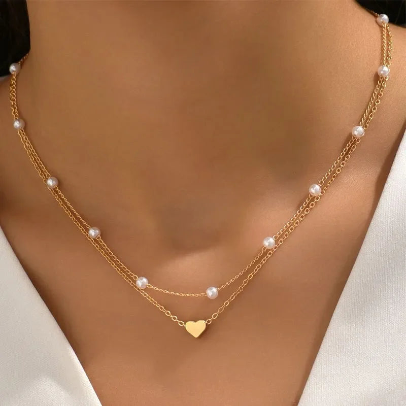 LATS Multilayer Pearl Cross Love Heart Pendant Necklaces for Women Gold Color Fashion Collarbone Neck Chain 2024 Trend Jewelry