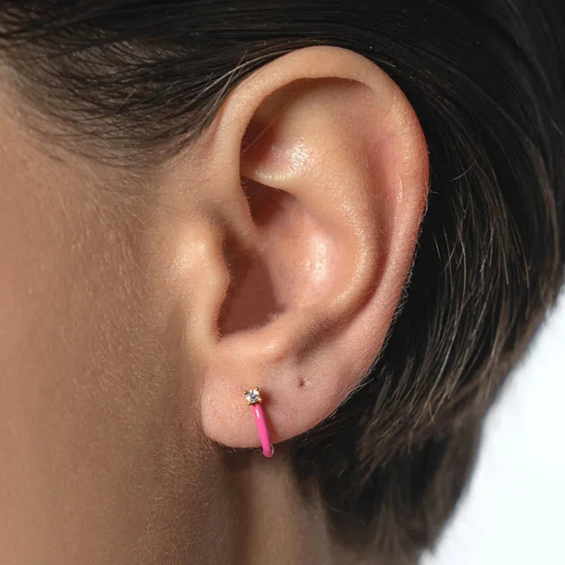 Fashion Colorful Enamel CZ Round Huggie Earrings for Women Trendy Candy Gold Plated Crystal Hoop Earrings Hinged Back Jewelry