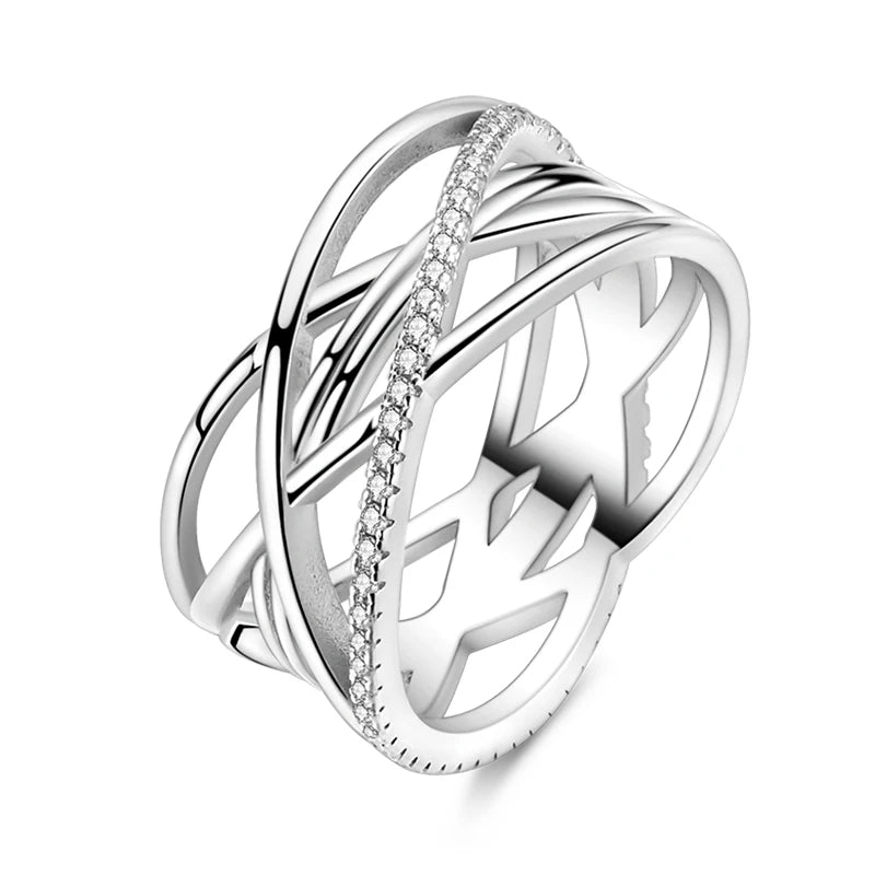 Women's 925 Sterling Silver Geometric Overlapping Zircon Classic Design Rings Anniversary Birthday Engagement Fine Jewelry
