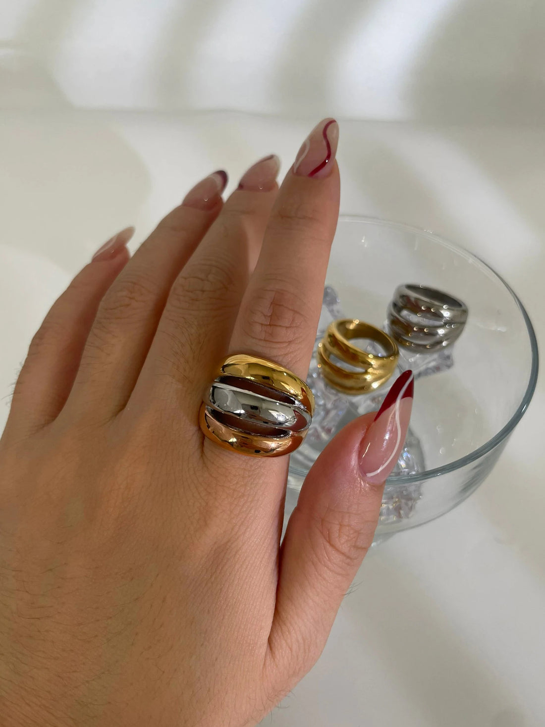 Peri'sbox Stainless Steel 18K Gold Silver Plated 3 Splicing Color Chunky Dome Ring Multi-Layer Hollow Rings for Women Men Unisex