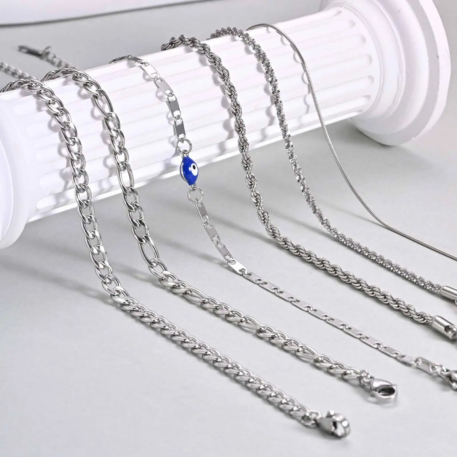 Silver Color Anklet Bracelets for Women Waterproof, Stainless Steel Layered Cuban Chain Herringbone Anklets Summer Beach Gift