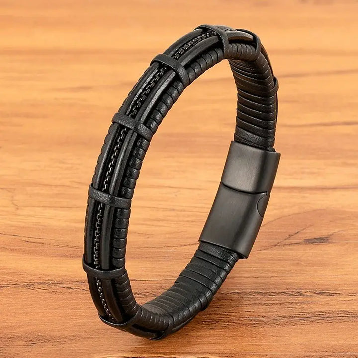 XQNI Stainless Steel Leather Bracelet For Mens Chain Charm Jewelry Magnetic Clasp Bangle for Dad Boyfriend Lover Birthday Gifts