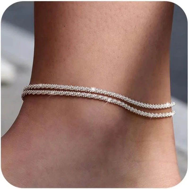 Dainty Layered Waterproof Anklet for Women Girls Adjustable Stackable Cross Pendant  Sparkling Summer Beach Jewelry
