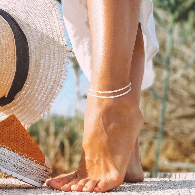 Dainty Layered Waterproof Anklet for Women Girls Adjustable Stackable Cross Pendant  Sparkling Summer Beach Jewelry