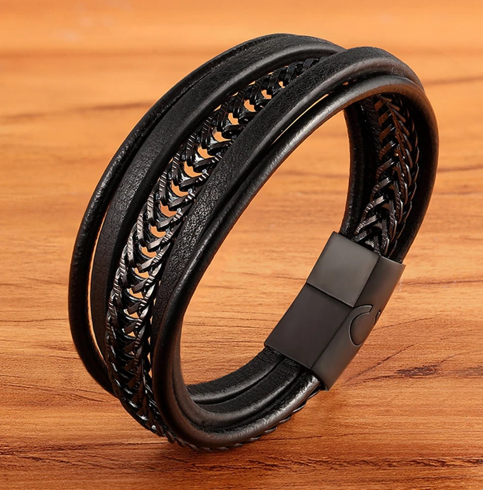 XQNI Stainless Steel Leather Bracelet For Mens Chain Charm Jewelry Magnetic Clasp Bangle for Dad Boyfriend Lover Birthday Gifts