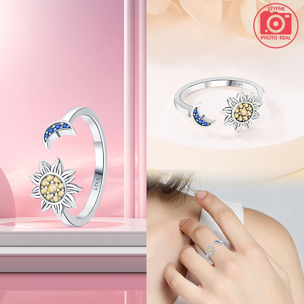 925 Sterling Silver Ring Elegant with For Women Sunflower Sun Combo Ring Band Perfect Gift for Special Occasions