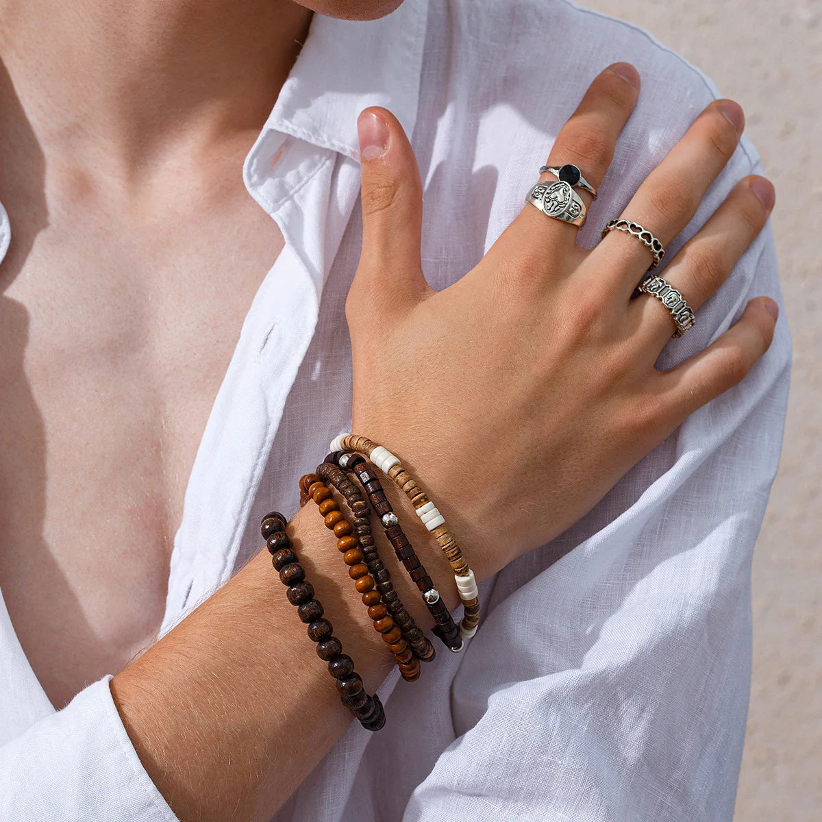 5pcs/set Wooden Beads Bracelet for Men,Hip Hop Niche Natural Stone Stacked Bracelet,Male Handmade Jewelry Gifts