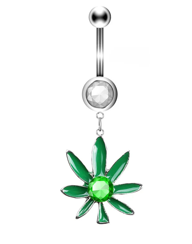 1PC Green Maple Leaf Belly Navel Ring Leaves Weed Dangle Belly Button Piercing Jewelry Surgical Steel Barbell Botton Piercing