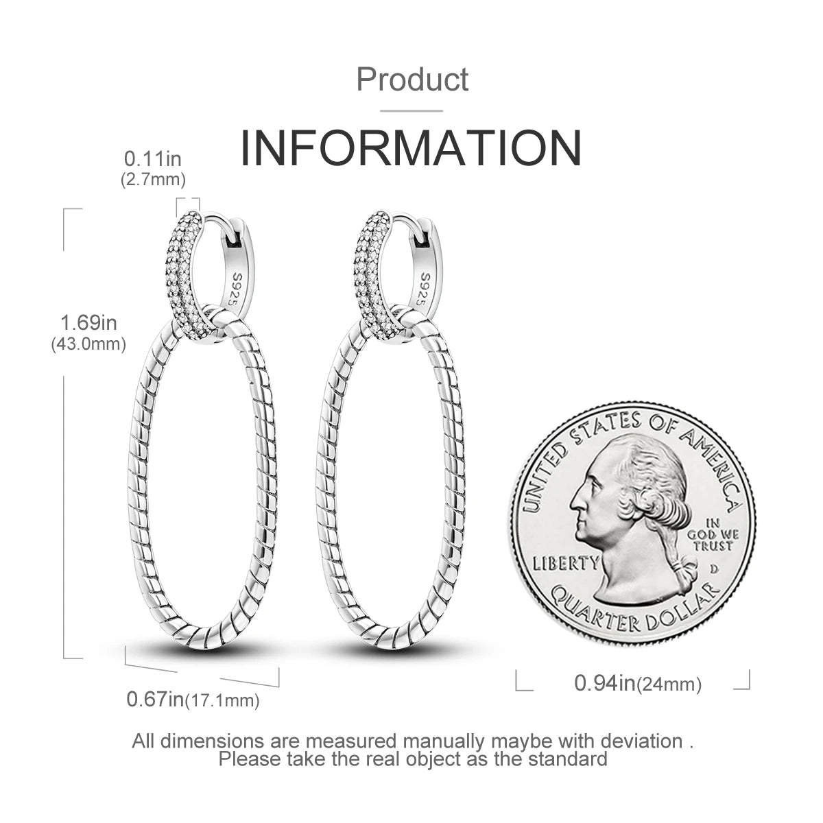 2024 New Sterling Silver S925 Oval Double Ring Close Set Serpentine Earring Drop Simple Jewelry For Women And Girls Party Gift