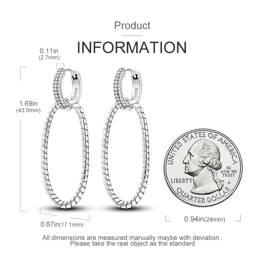 2024 New Sterling Silver S925 Oval Double Ring Close Set Serpentine Earring Drop Simple Jewelry For Women And Girls Party Gift