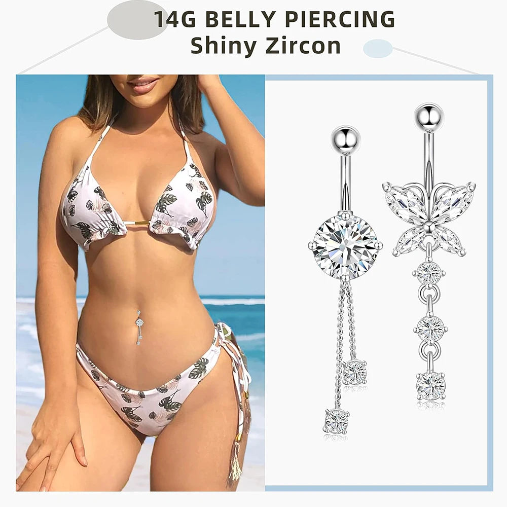 5pcs/lot Dangled Belly Button Rings Belly Piercing Sets 14G Butterfly Heart Curved Navel Piercing for Women Girls Body Jewelry
