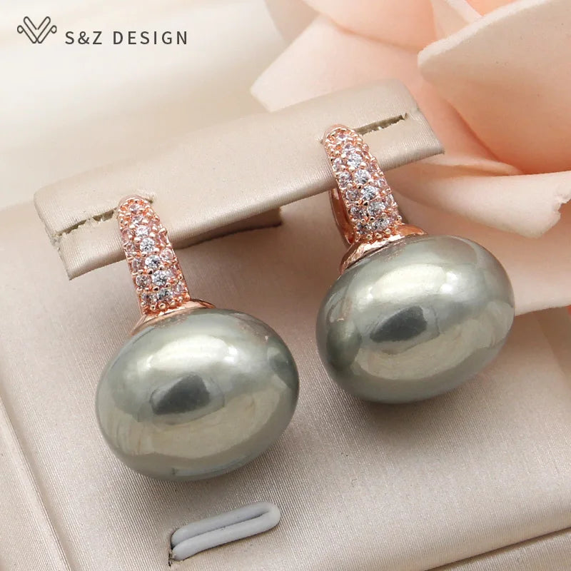 S&Z DESIGN New Fashion Bread Round Big Pearl Dangle Earrings For Women Wedding Jewelry Gift Temperament Cubic Zirconia Eardrop