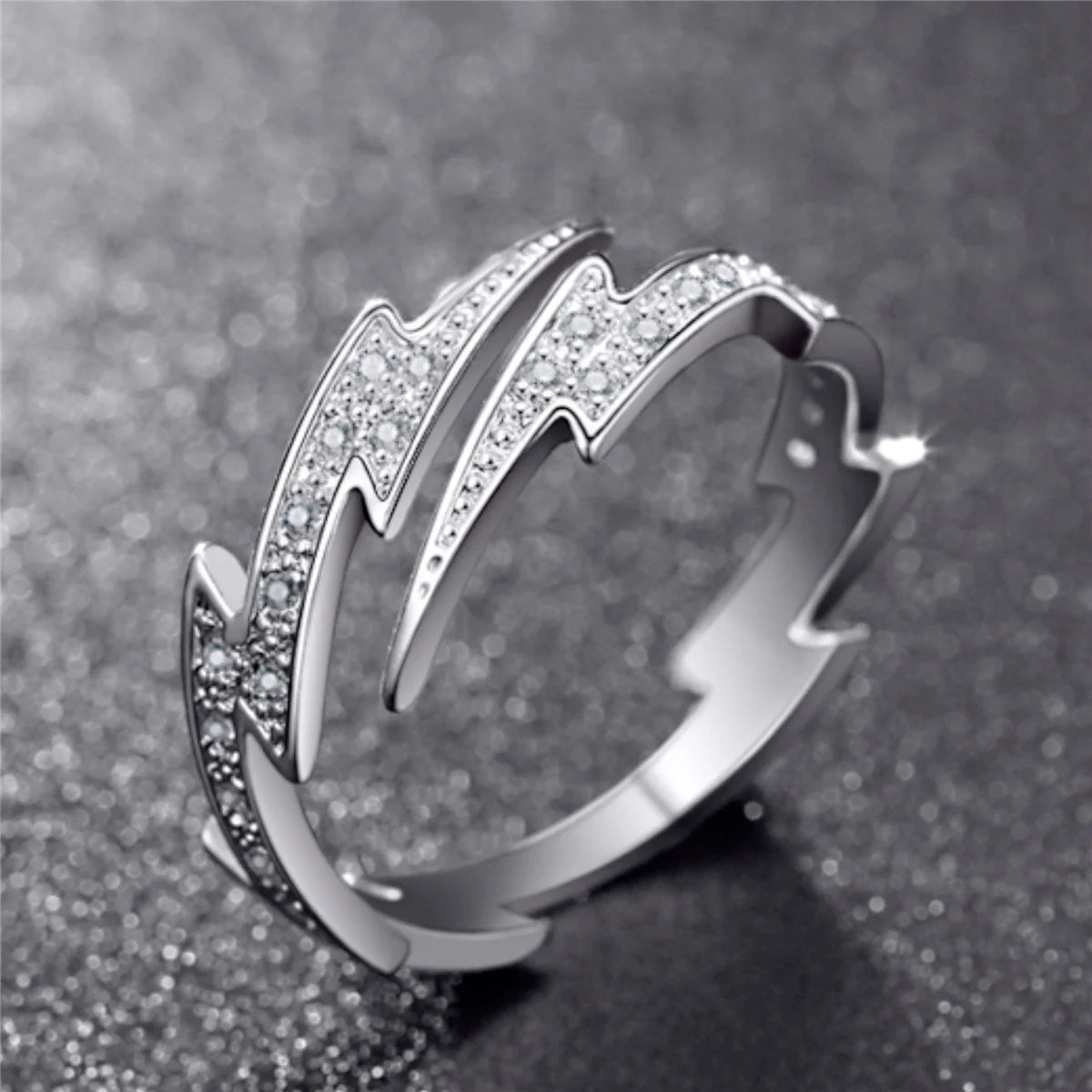 Punk Hip hop Silver Color Zircon Lightning Open Rings for Men Fashion Jewelry Gift Creative Adjustable Ring