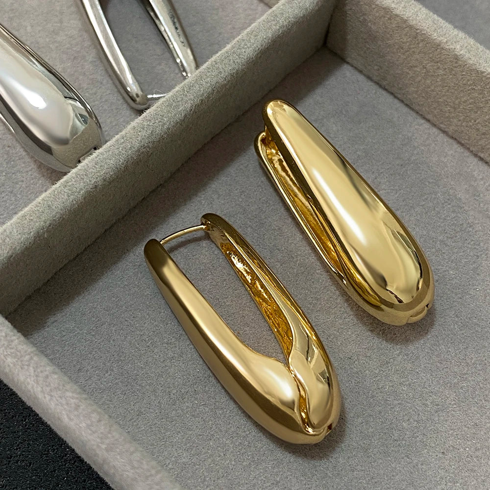 Greatera Trendy Gold Plated Large U Shaped Hoop Earrings for Women Minimalist Thin Teardrop Metal Huggie Earrings Party Jewelry