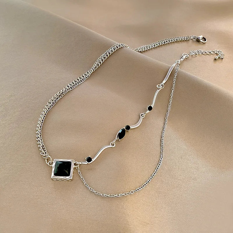 Black Square Pendant Double Layer Necklaces for Women Egirl Trendy Stainless Steel Silver Color Clavicle Chains Necklace Jewelry