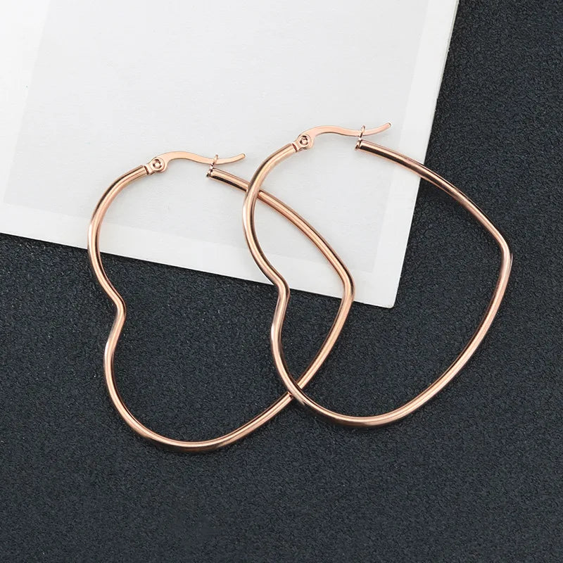 30-60mm Exaggerate Big Hoop Earring Heart Earrings For Women Stainless Steel Gold Color Hip Hop Korea Fashion Jewelry