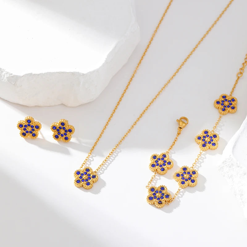 EILIECK New Fashion Stainless Steel White Zircon Clover Necklace Bracelet Earrings Set For Women Trendy Flower Jewelry Set Gift