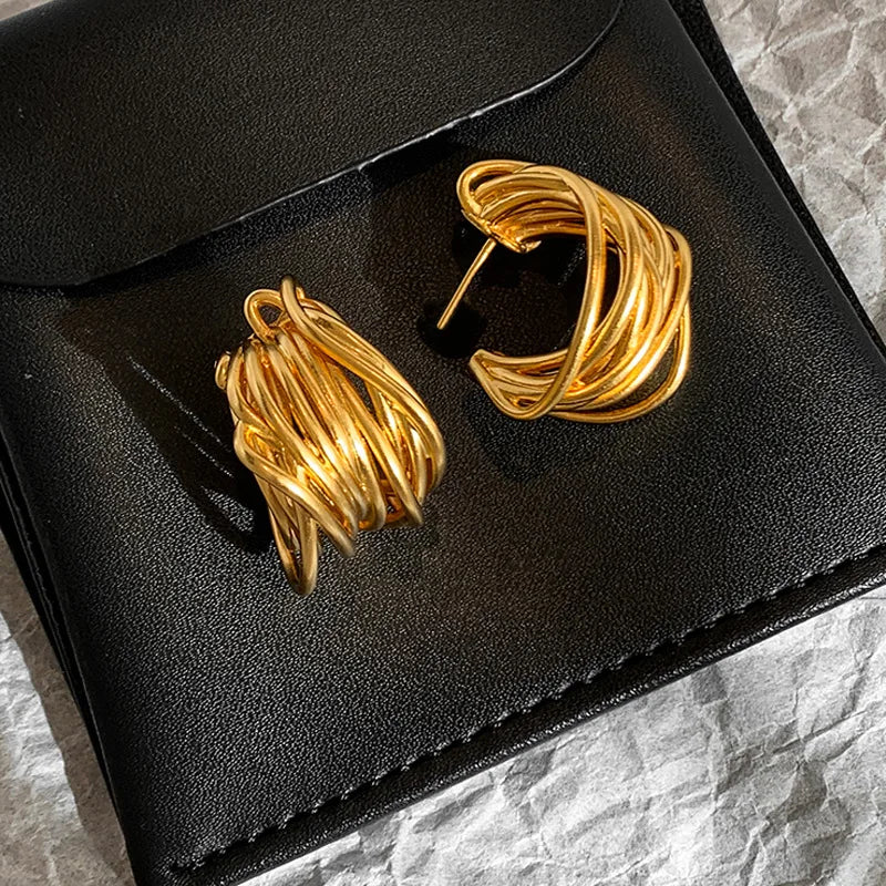 Unusual Multilayer Metal C Shape Hoops No Tarnish 18K Gold Plated Huggie Earrings Classics Piercing Ear Clip Women Retro Jewelry