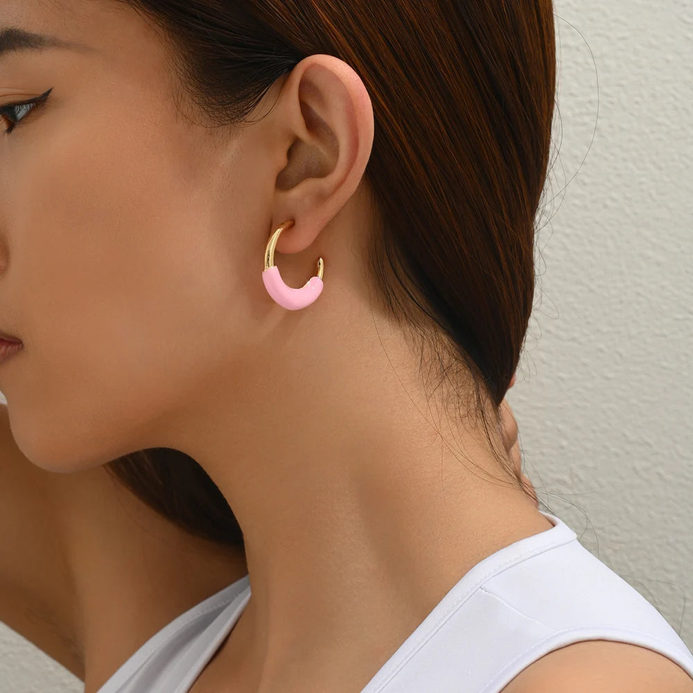 Trend Enamel Color C Shape Gold Color Hoop Earrings for Women Girls Colorful Candy Circle Piercing Ear Stud Creative Jewelry