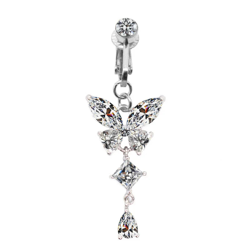 Faux Fake Belly Piercing Butterfly Leaves Dangling Long Fake Belly Button Pircing Clip On Umbilical Navel Cartilage Earring Clip