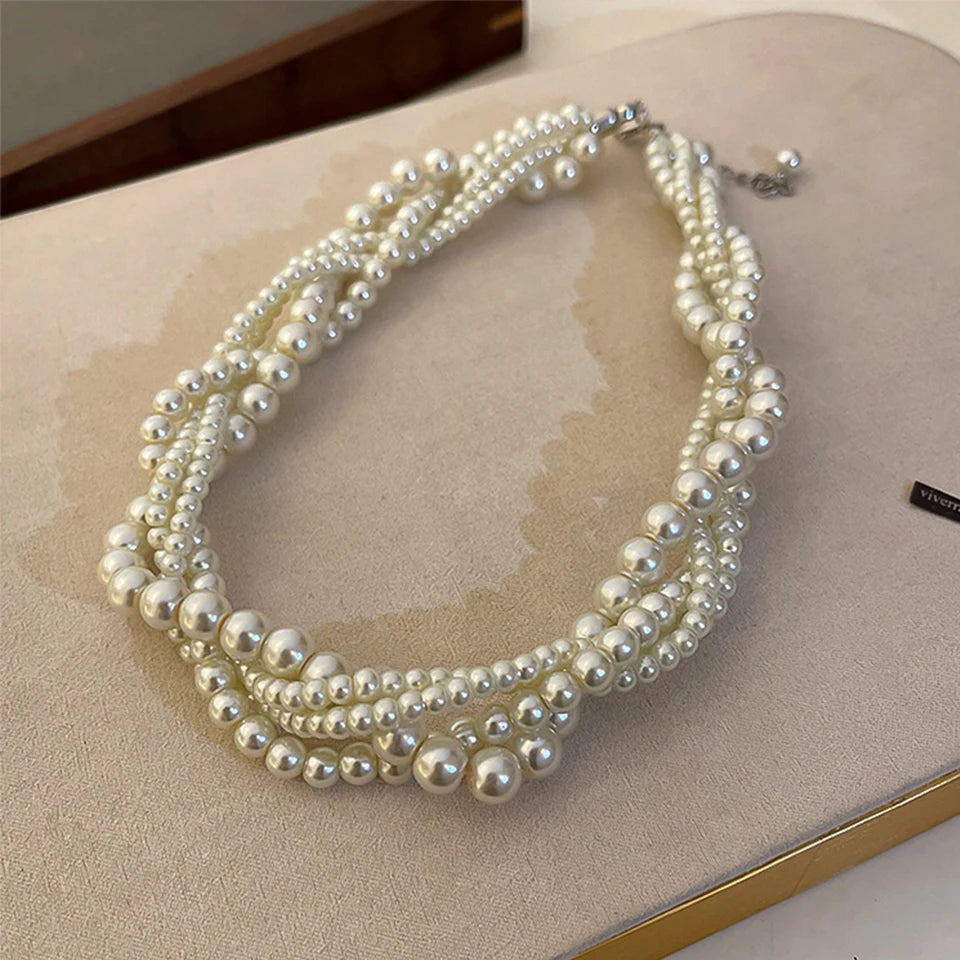 Yupsk Luxury Twining Pearl Choker Necklaces for Women Geometric Necklaces Weddings Bride Jewelry Accessories
