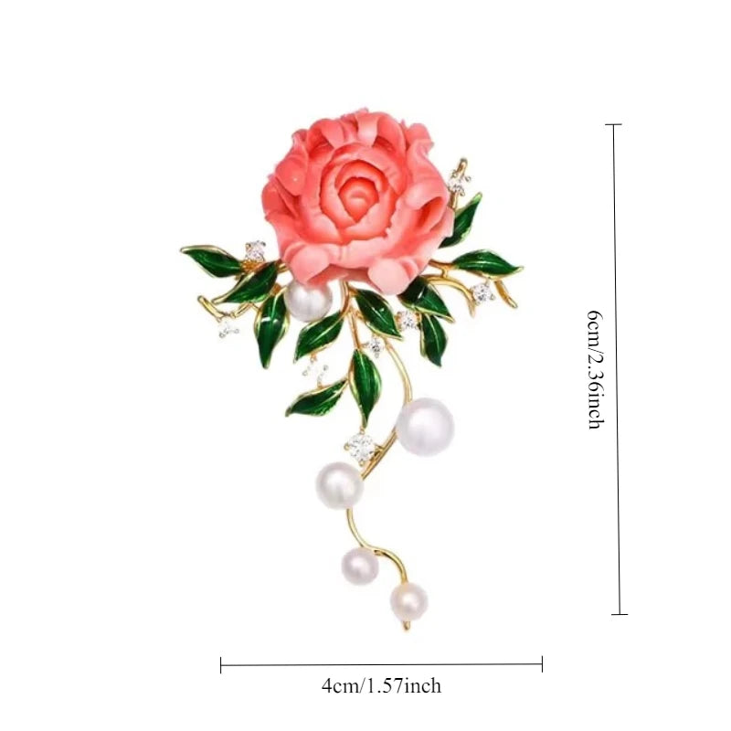 Elegant Pink Peony Brooches For Women Lady Flower Leaf CZ Zircon Pearl Pins Corsage Coat Suit Clothing Jewelry Gifts
