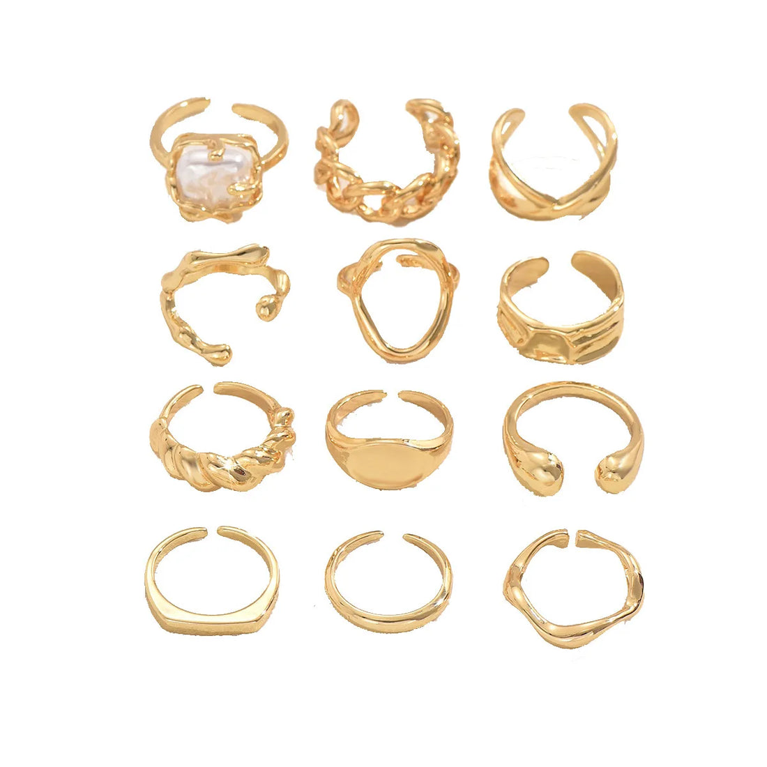 12PCS Set Of New Irregular Geometric Ring Alloy Plated Metal Adjustable Finger Ring For Women, Fashion Statement Jewelry Party N