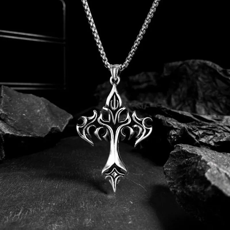 Stainless Steel Necklace Flame Retro Cross Titanium Steel Casting Men Pendant Necklace Type