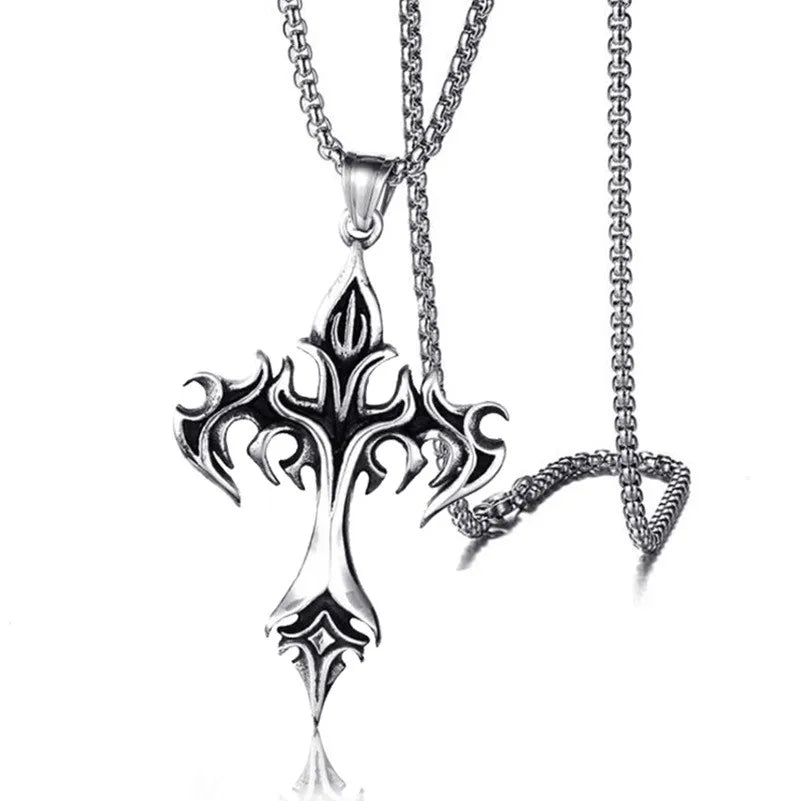 Stainless Steel Necklace Flame Retro Cross Titanium Steel Casting Men Pendant Necklace Type