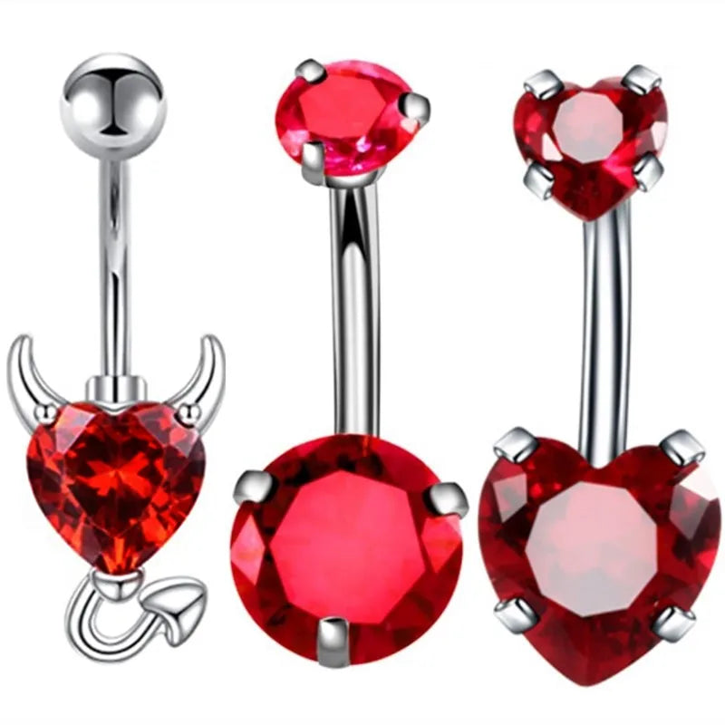 3PCS Heart Crystal Belly Button Piercing Jewelry Set Red Cz Navel Piercing Bulk Flower Belly Rings Pack Piercing Ombligo Lote
