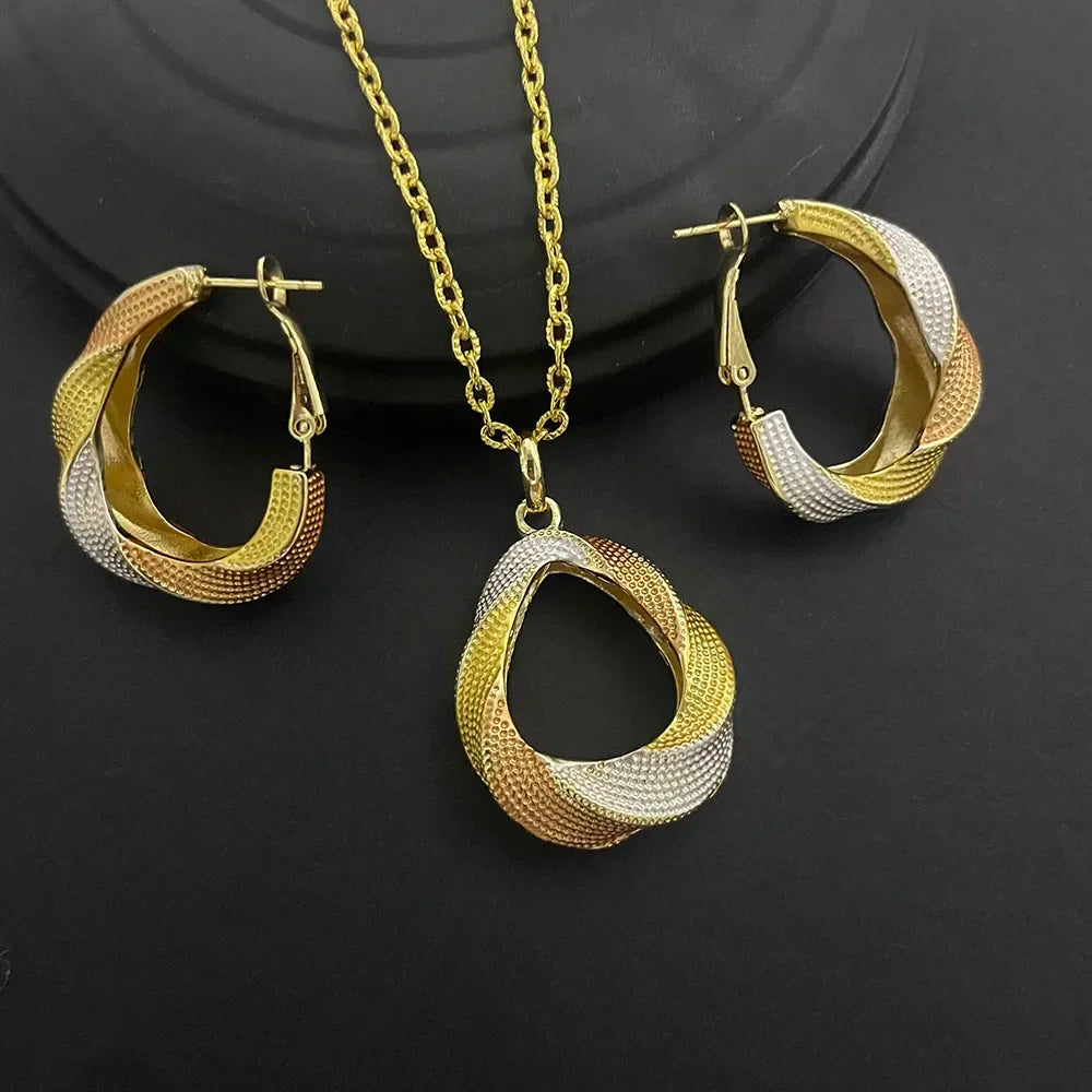 24K Gold-plated Two Piece Copper Jewelry Set India Dubai Jewelry Gold Warped Geometry Necklace Earrings