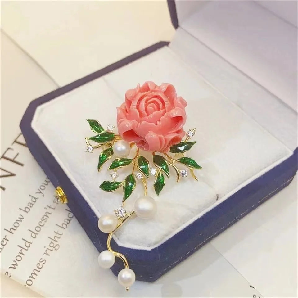 Elegant Pink Peony Brooches For Women Lady Flower Leaf CZ Zircon Pearl Pins Corsage Coat Suit Clothing Jewelry Gifts