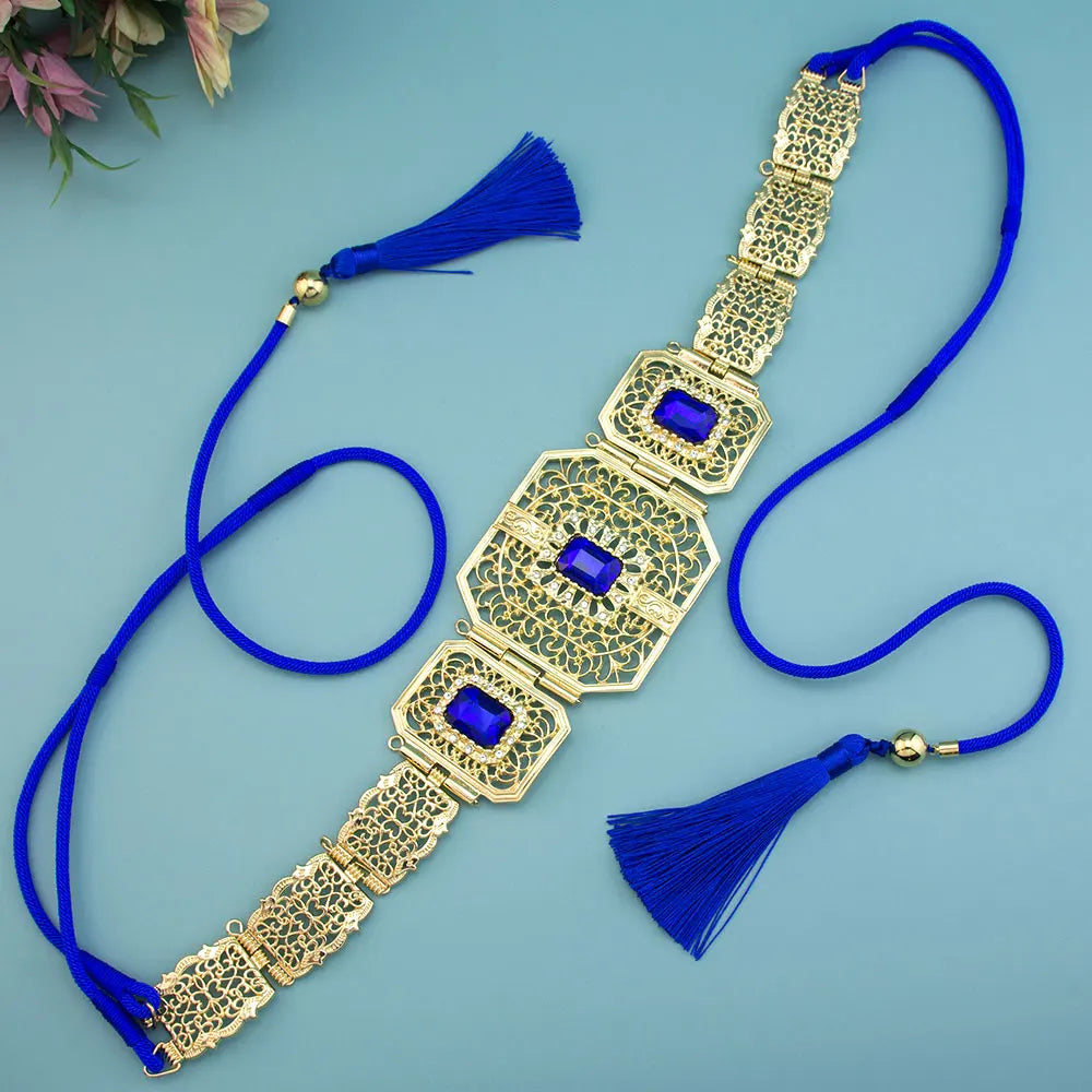 Sunspicems Gold Color Morocco Caftan Belt Hand Rope Chain Tassels Arabic Women Wedding Jewelry Bridal Dress Charm Waist Bijoux
