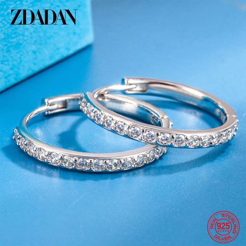 ZDADAN 925 Sterling Silver 8/12/16/20mm Zircon Hoop Earrings For Women Fashion Jewelry