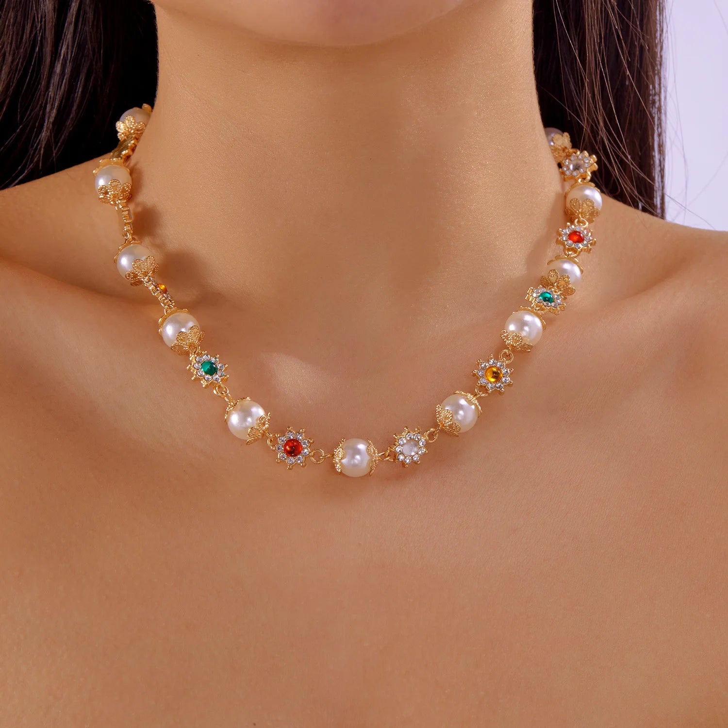 IFYOUOO Luxury Shinny Colorful Rhinestone Short Necklace Women Imitation Pearl Choker Jewelry Collar Wed Bridal Goth